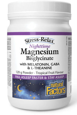 NATURAL FACTORS STRESS RELAX Nighttime Magnesium Bisglycinate (Tropical Fruit - 120 gr)
